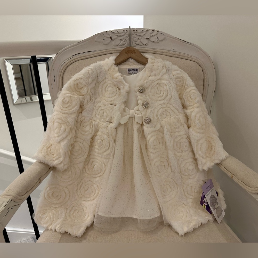 🦢 3T Elegant Cream~Ivory Soft Rosette & Tulle Sparkle Coat & Satin Dress Set NWT